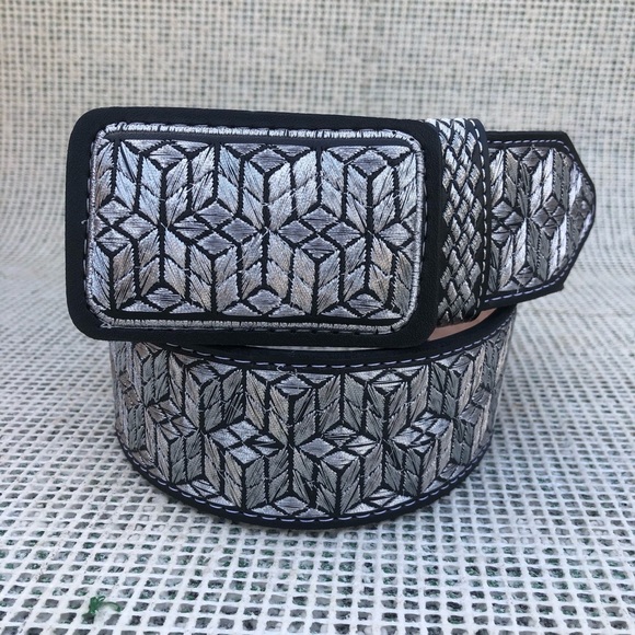 SILVER AUTHENTIC MEXICAN WESTERN BELT EMBROIDERED CINTO VAQUERO BORDADO PLATEADO - Picture 6 of 6